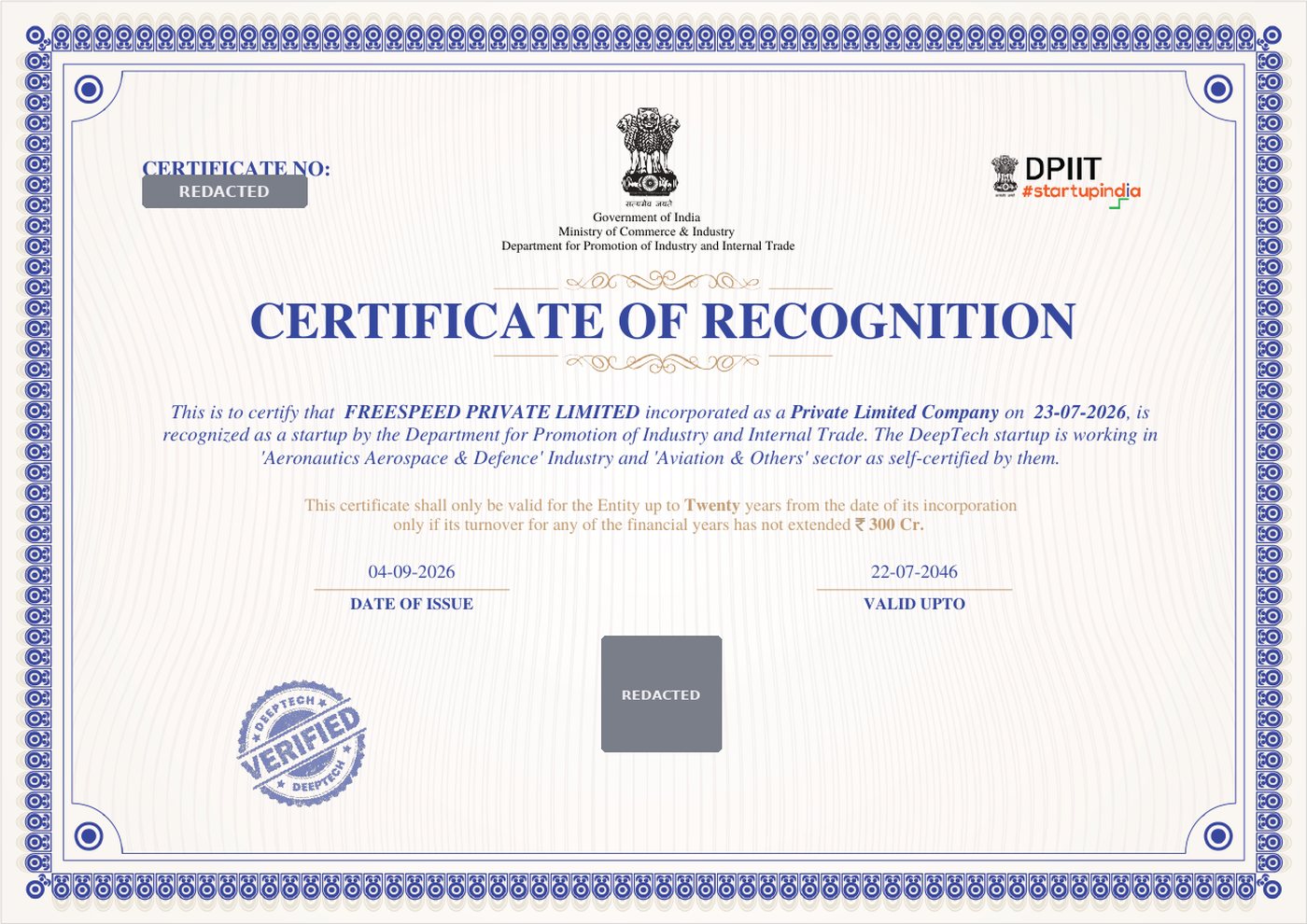 DPIIT Certificate of Recognition naming Freespeed Private Limited as a DeepTech startup, issued 4 September 2026, with the certificate number and verification code redacted.